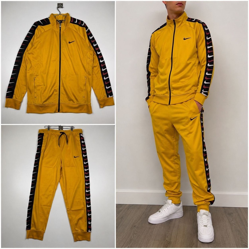 NWT Nike Dri-FIT Mens XL Swoosh Tape Tracksuit Set Gold Black Jacket Pants